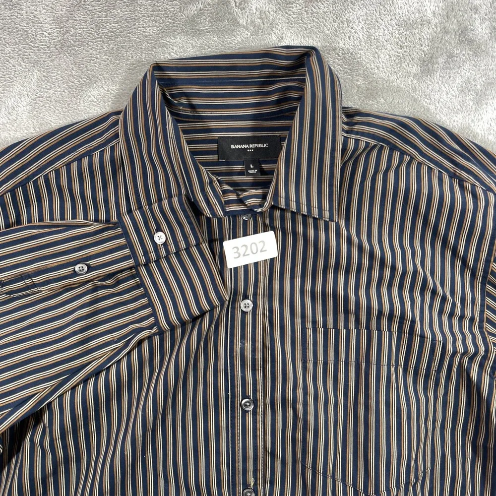 Banana Republic‎ LS Cropped Shirt Mens L Navy Stripe Cotton 526940-00